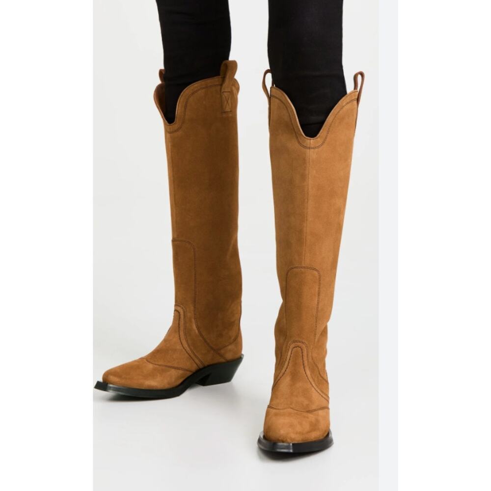 Ganni Suede Knee High Western Cowboy Pull On Boots in Tobacco Brown Size 40